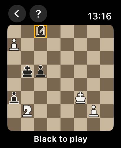 A daily puzzle on the watch with a knight highlighted, captioned Black to play