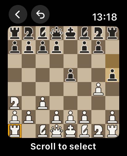 The board on an Apple Watch with a gold crosshair around a rook, captioned Scroll to select